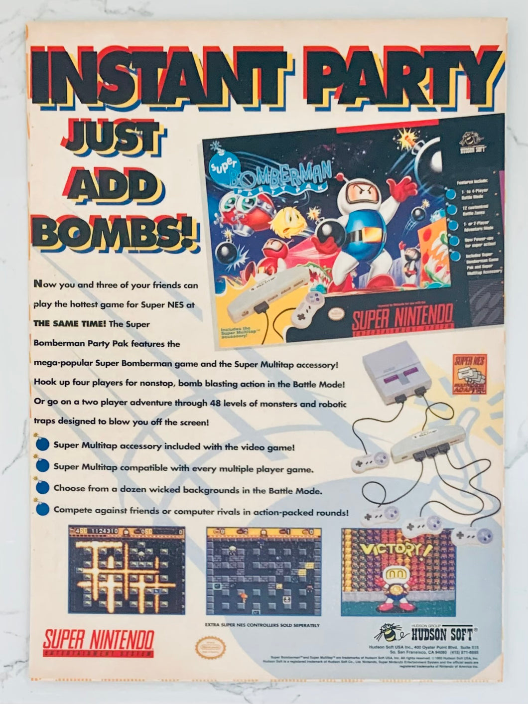 Super Bomberman Party Pak - SNES - Original Vintage Advertisement - Print Ads - Laminated A4 Poster