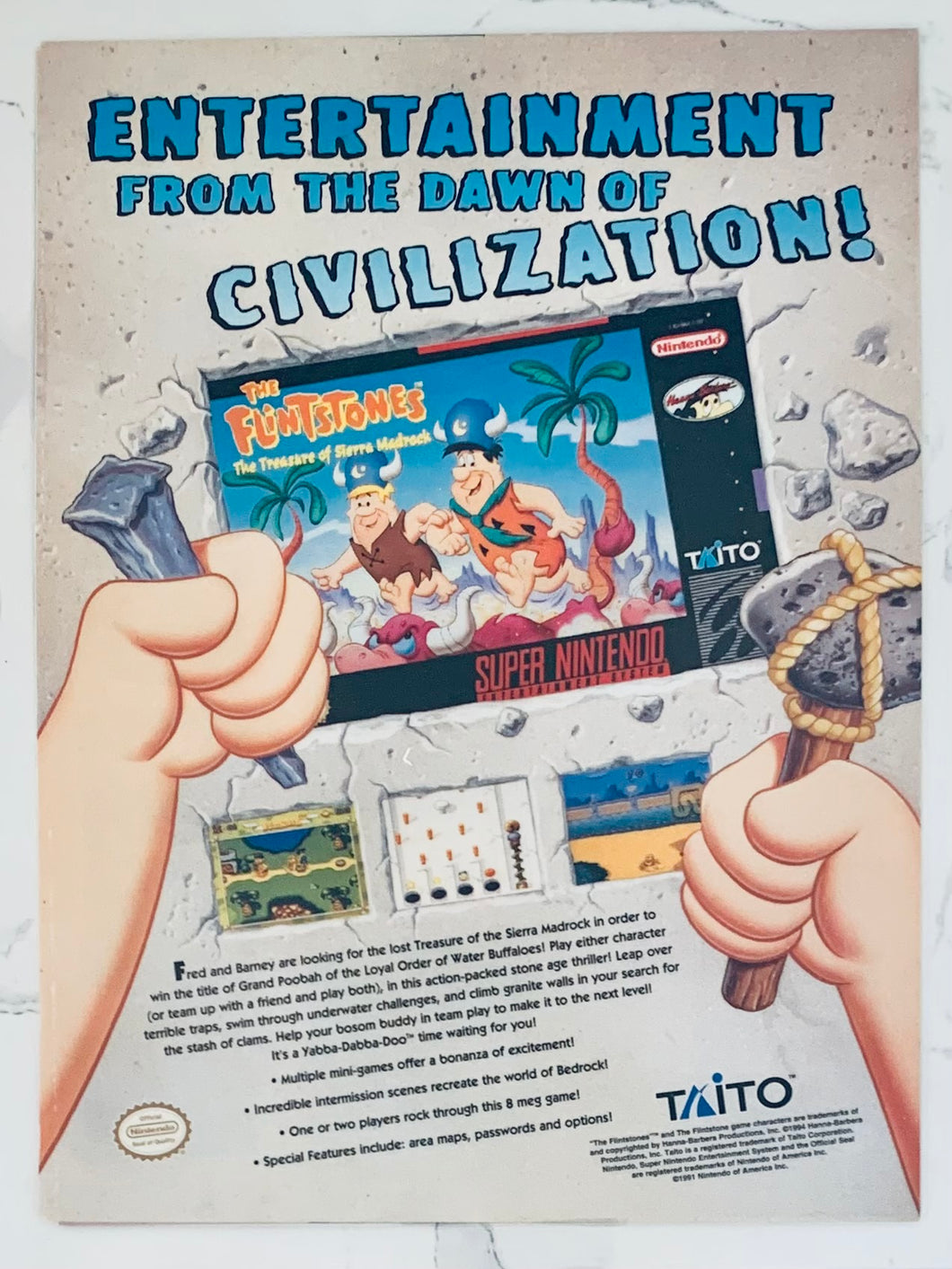 The Flintstones: The Treasure of Sierra Madrock - SNES - Original Vintage Advertisement - Print Ads - Laminated A4 Poster