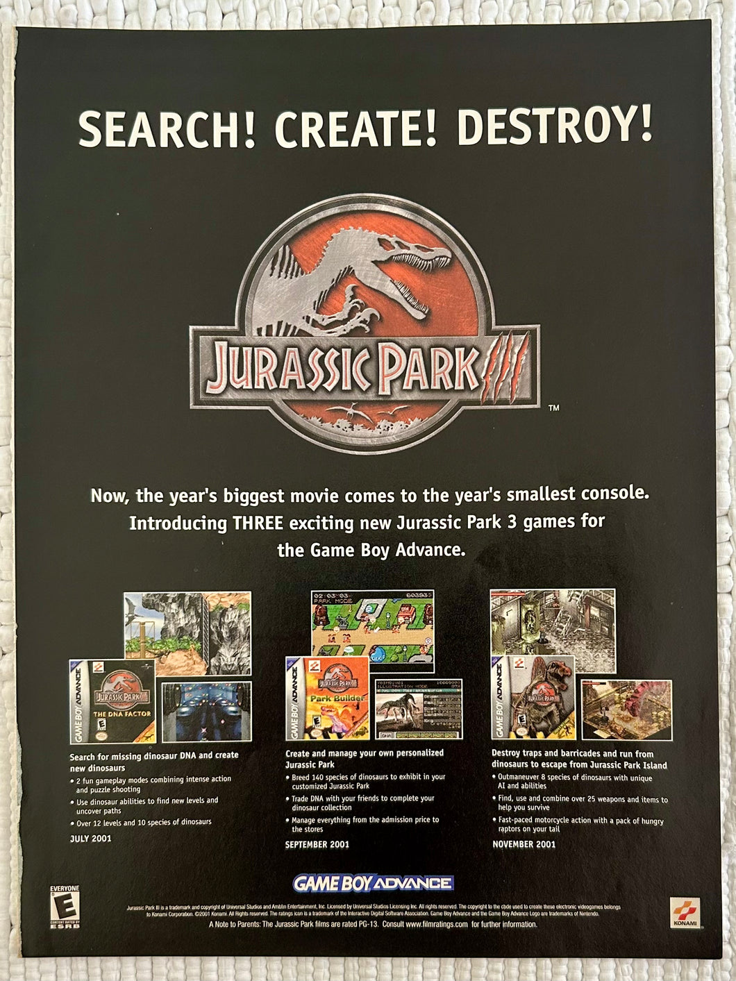 Jurassic Park III Games - GBA - Original Vintage Advertisement - Print Ads - Laminated A4 Poster