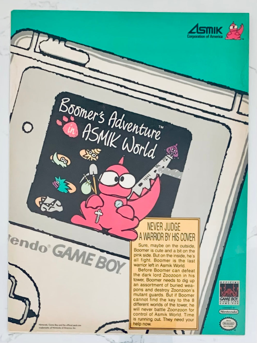 Boomer’s Adventure in ASMIK World - GameBoy - Original Vintage Advertisement - Print Ads - Laminated A4 Poster