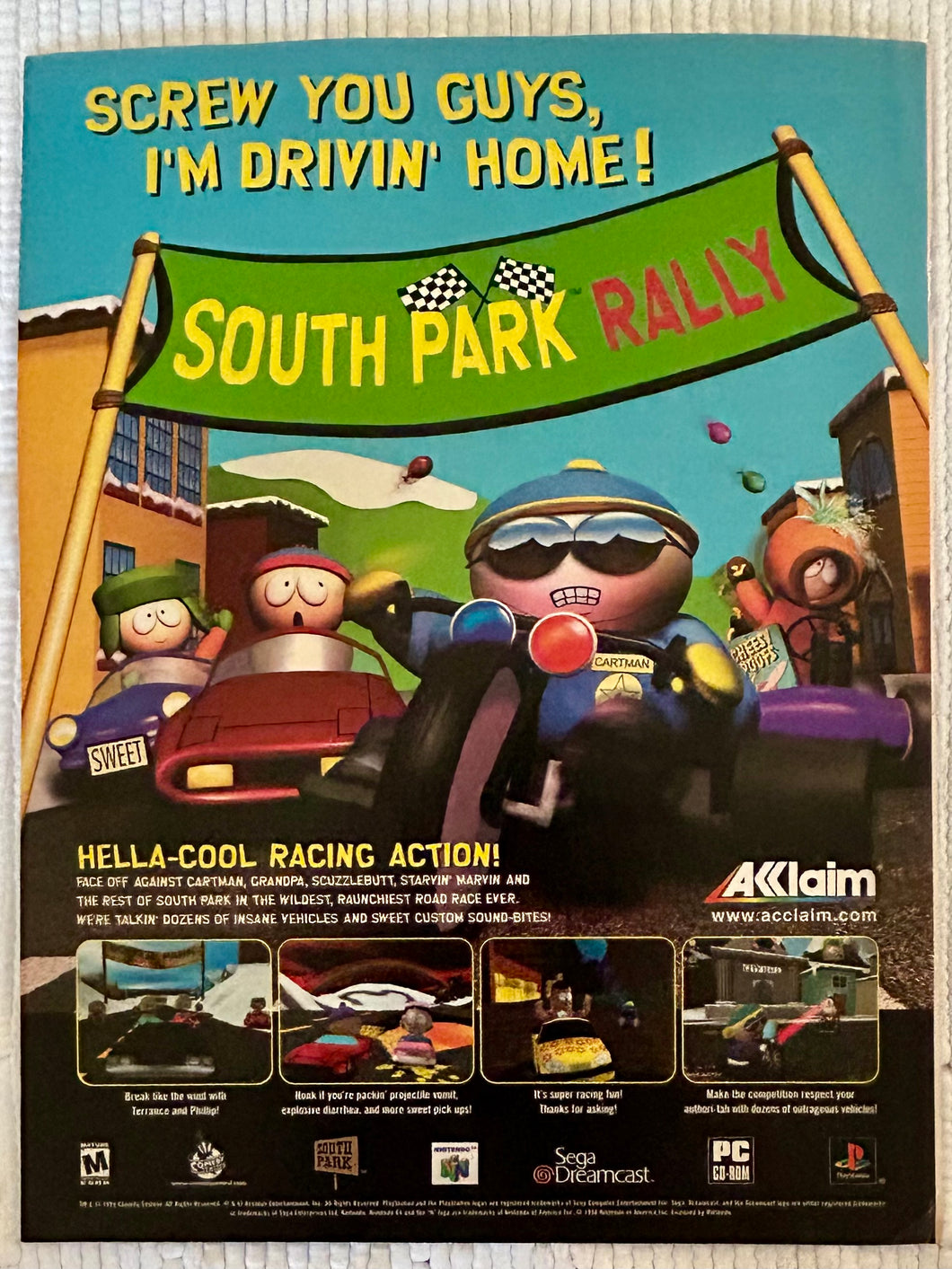 South Park Rally - Dreamcast N64 PS1 - Original Vintage Advertisement - Print Ads - Laminated A3 Poster