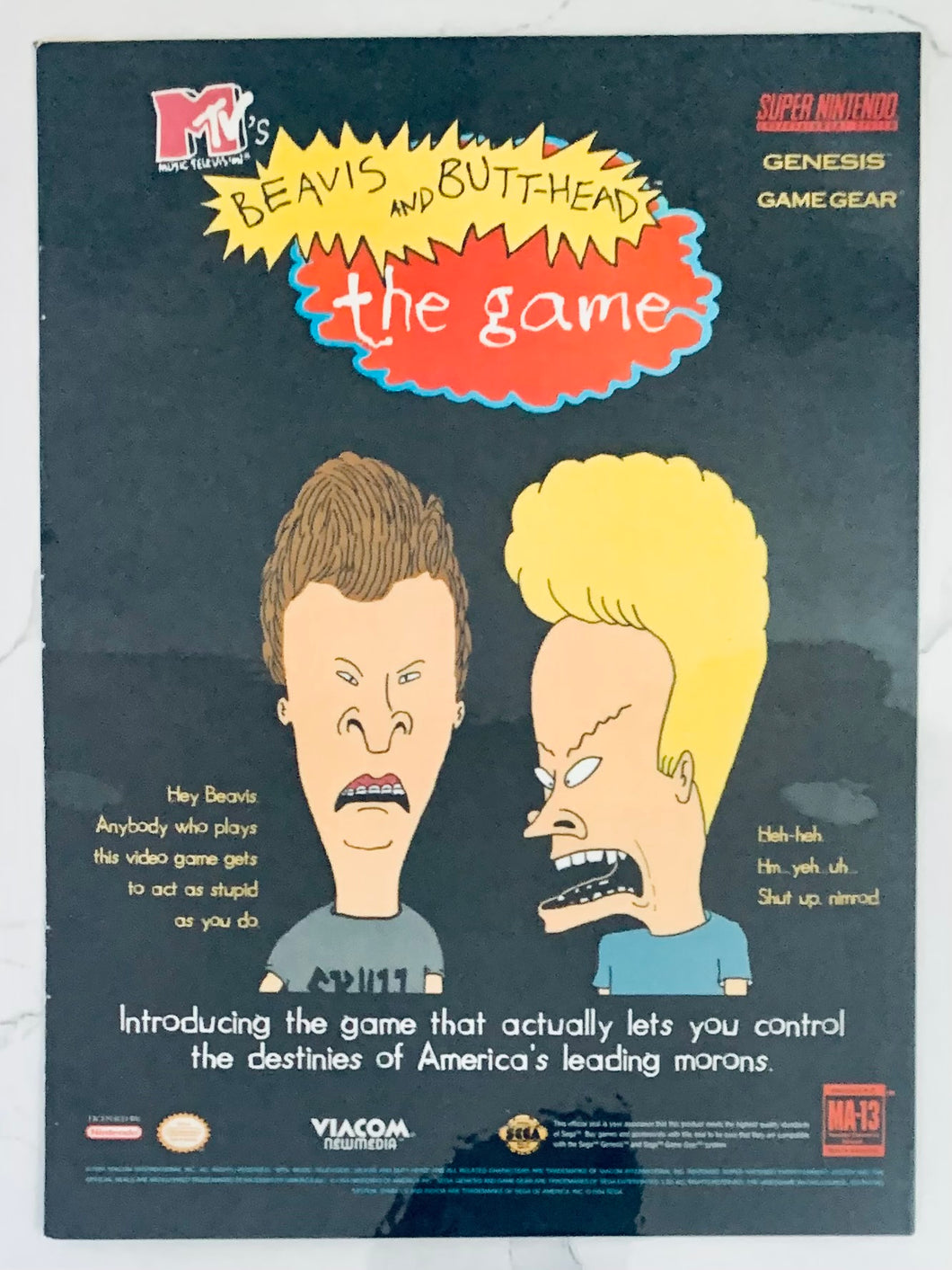 Beavis and Butt-Head The Game - SNES / Genesis - Original Vintage Advertisement - Print Ads - Laminated A4 Poster