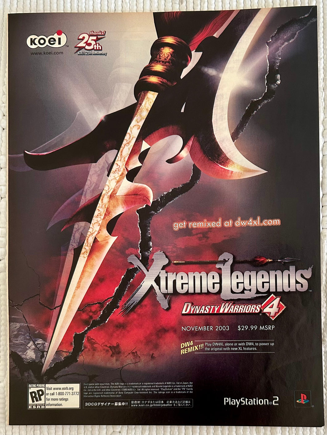 Dynasty Warriors 4: Xtreme Legends - PS2 - Original Vintage Advertisement - Print Ads - Laminated A4 Poster