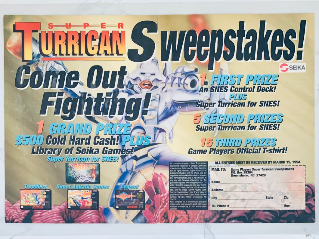 Super Turrican Sweepstakes - SNES - Original Vintage Advertisement - Print Ads - Laminated A3 Poster