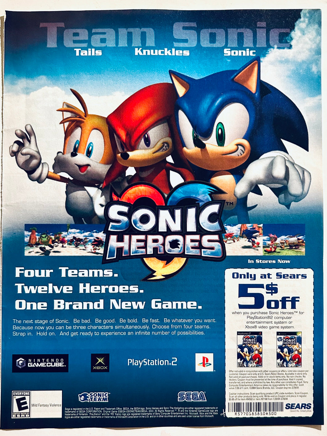 Sonic Heroes - PS2 NGC Xbox - Original Vintage Advertisement - Print Ads - Laminated A4 Poster