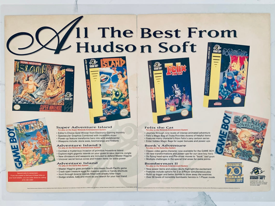Hudson Soft Games - NES SNES GB - Original Vintage Advertisement - Print Ads - Laminated A3 Poster