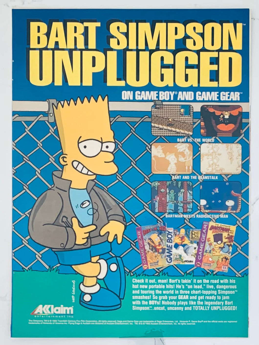 “Bart Simpson Unplugged” / Spider-Man X-Men - GameBoy / GameGear - Original Vintage Advertisement - Print Ads - Laminated A4 Poster