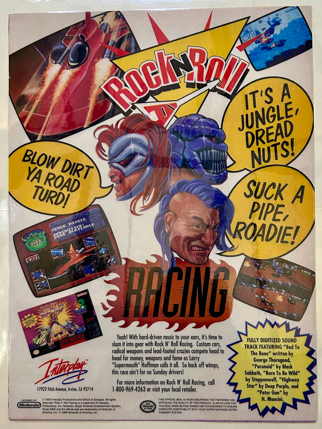 Rock N' Roll Racing - SNES - Original Vintage Advertisement - Print Ads - Laminated A4 Poster