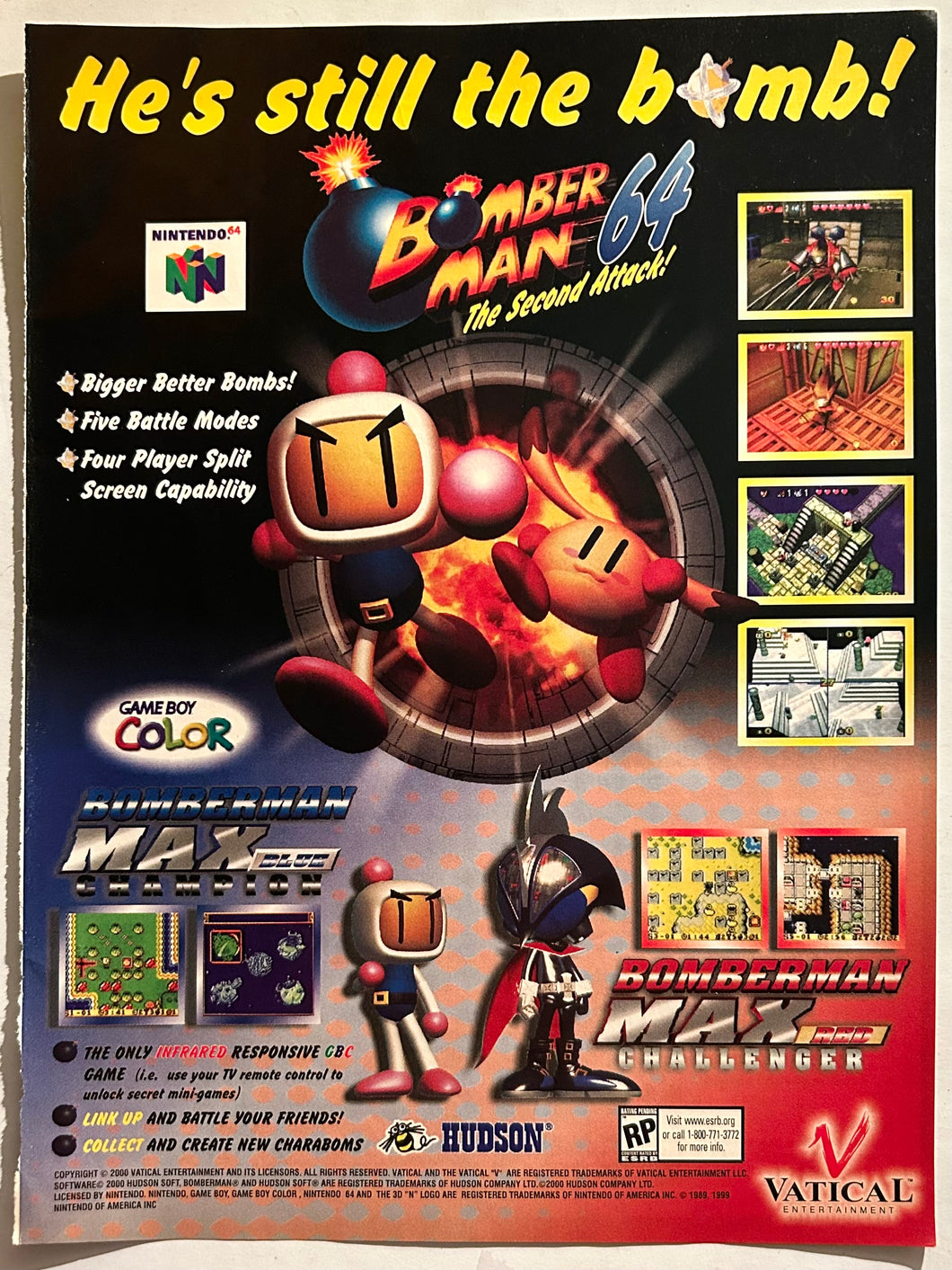 Bomberman 64: The Second Attack - N64 GBC - Original Vintage Advertisement - Print Ads - Laminated A4 Poster