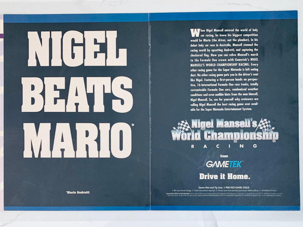 Nigel Mansell’s World Championship Racing - SNES - Original Vintage Advertisement - Print Ads - Laminated A3 Poster