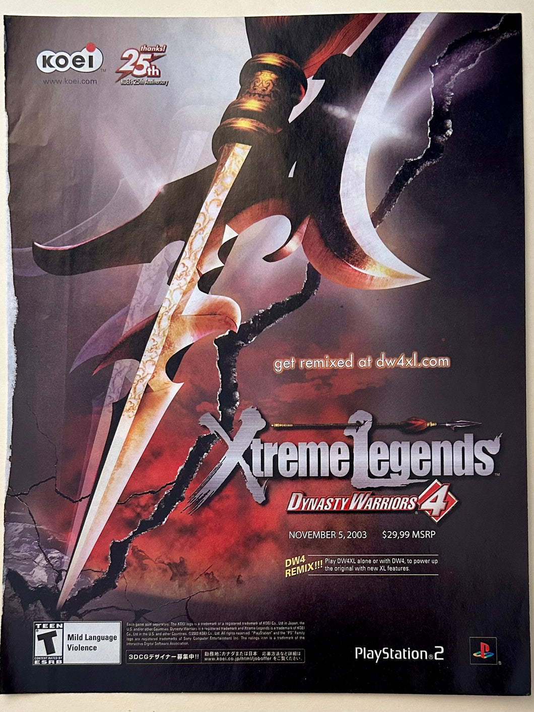 Dynasty Warriors 4: Xtreme Legends - PS2 - Original Vintage Advertisement - Print Ads - Laminated A4 Poster