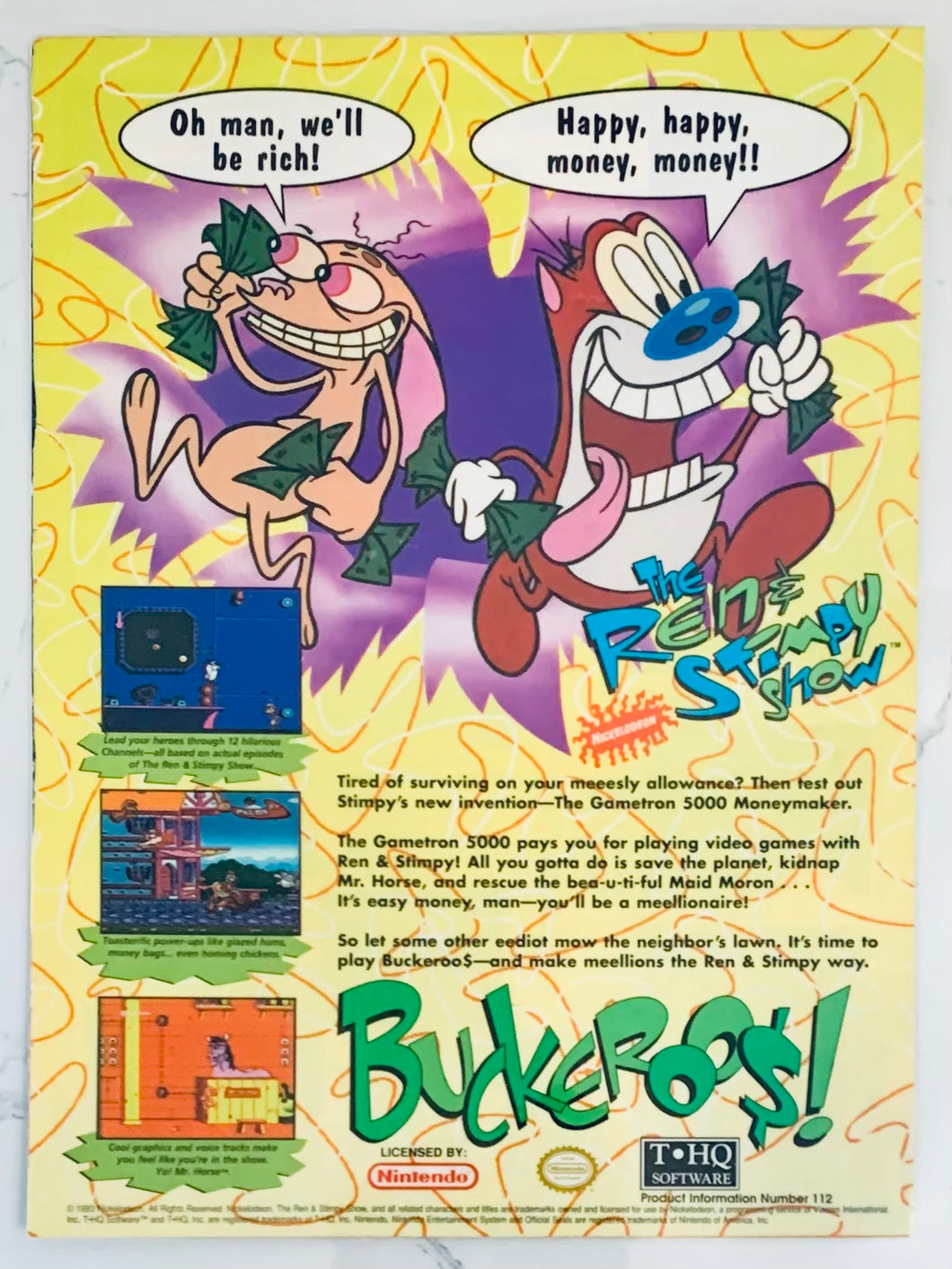 The Ren & Stimpy Show: Veediots! / Buckaroo - NES/SNES - Original Vintage Advertisement - Print Ads - Laminated A4 Poster