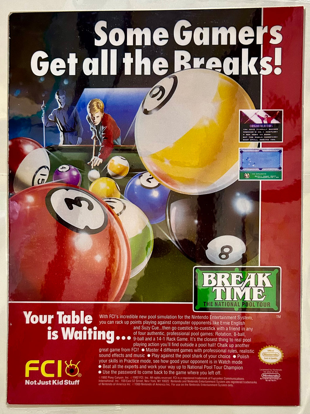 Break Time: The National Pool Tour - NES - Original Vintage Advertisement - Print Ads - Laminated A4 Poster