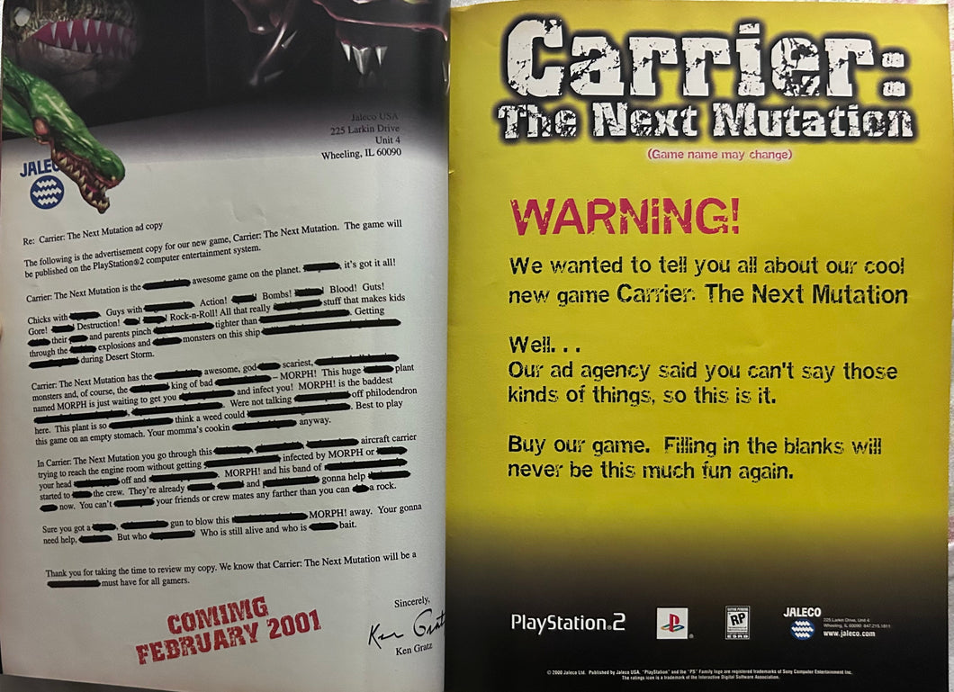 Carrier: The Next Mutation - PlayStation 2 - Original Vintage Advertisement - Print Ads - Laminated A3 Poster