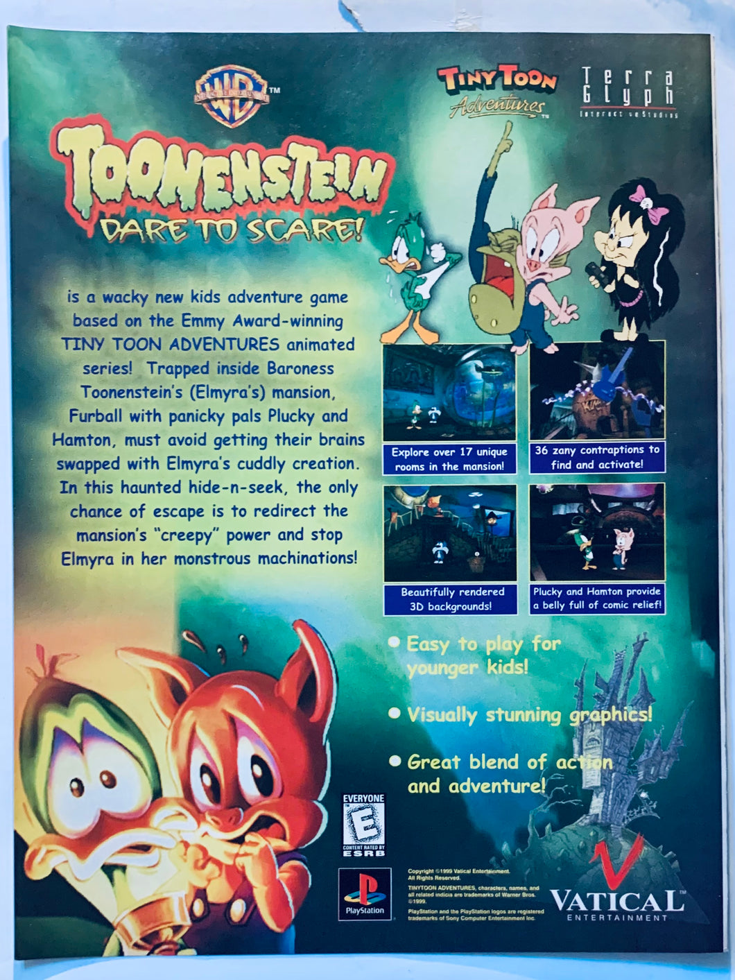 Tiny Toons Adventures: Toonenstein Dare to Scare! - PlayStation - Original Vintage Advertisement - Print Ads - Laminated A4 Poster