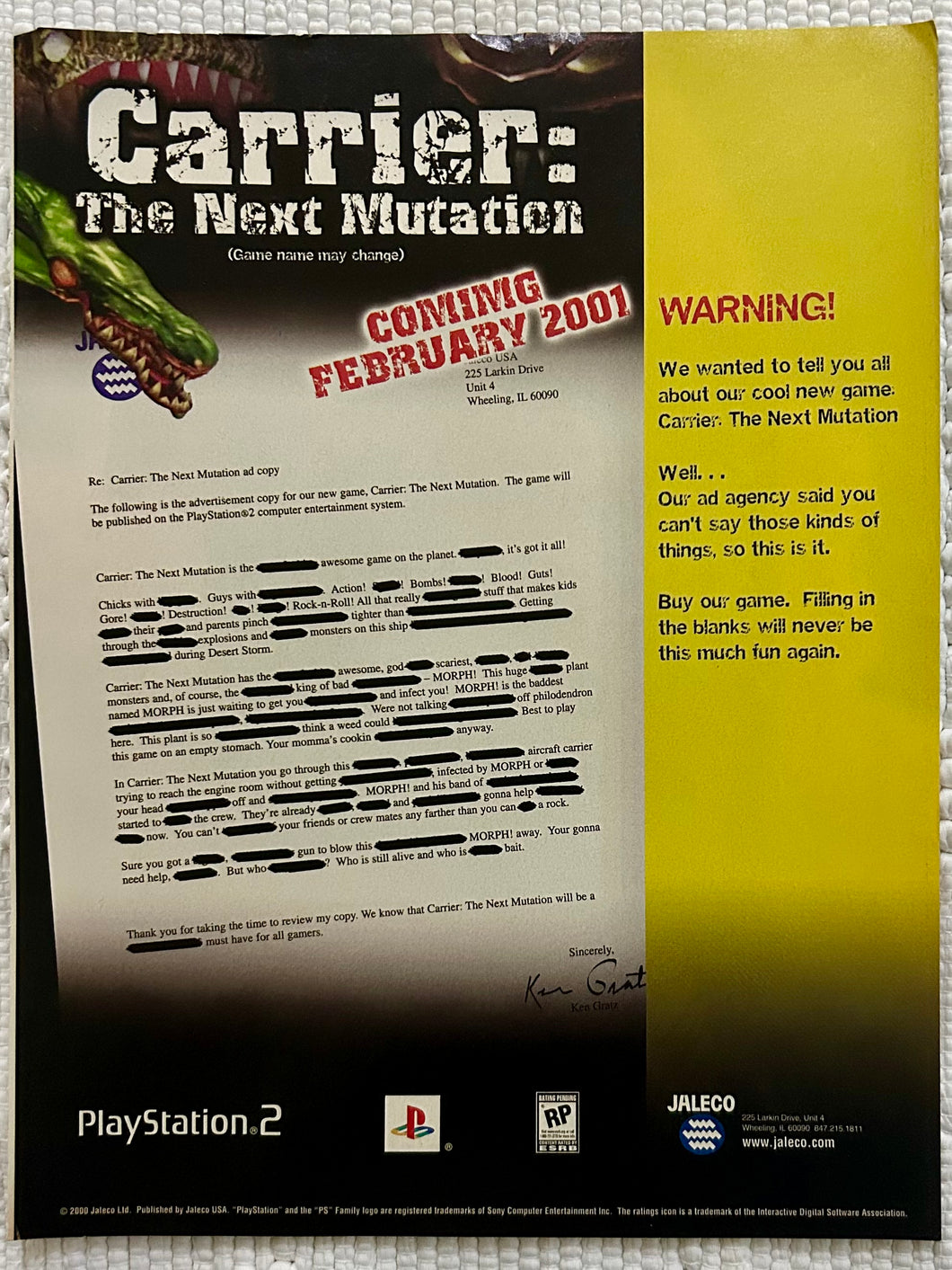 Carrier: The Next Mutation - PS2 - Original Vintage Advertisement - Print Ads - Laminated A4 Poster