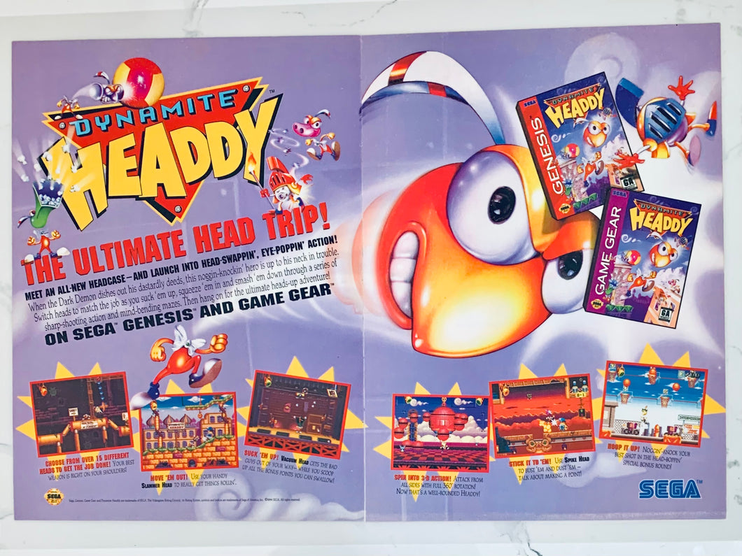 Dynamite Headdy - Genesis Game Gear - Original Vintage Advertisement - Print Ads - Laminated A3 Poster