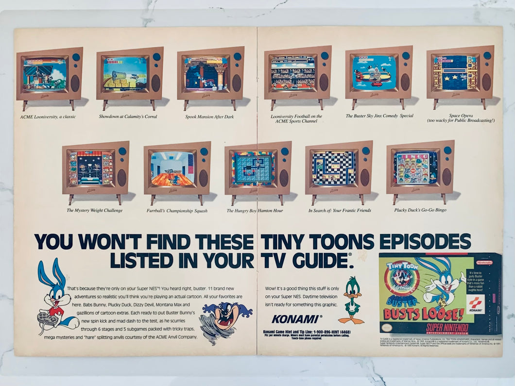 Tiny Toon Adventures: Buster Busts Loose! - SNES - Original Vintage Advertisement - Print Ads - Laminated A3 Poster