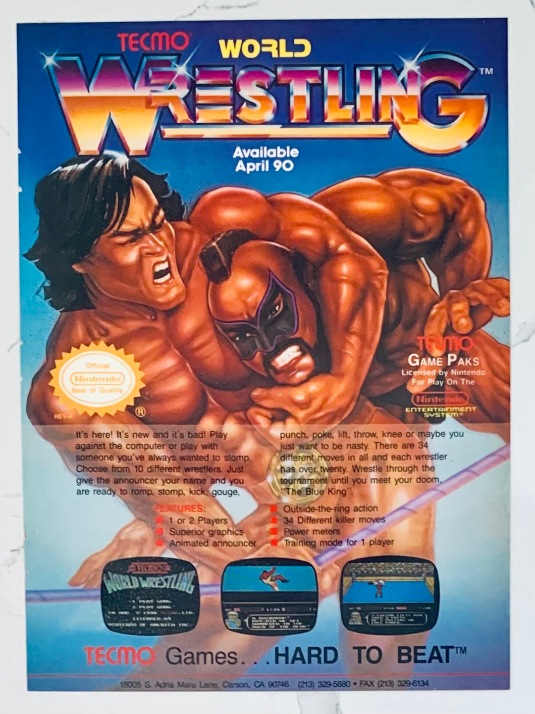 Tecmo World Wrestling - NES - Original Vintage Advertisement - Print Ads - Laminated A4 Poster