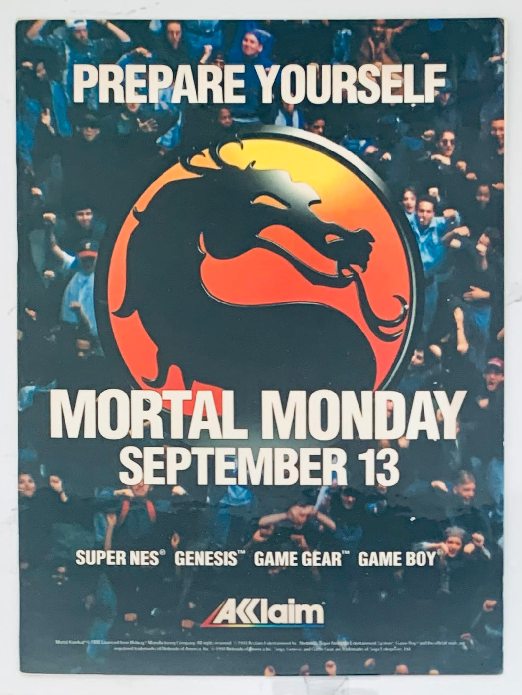 “Mortal Monday” - Mortal Kombat - SNES/Genesus - Original Vintage Advertisement - Print Ads - Laminated A4 Poster