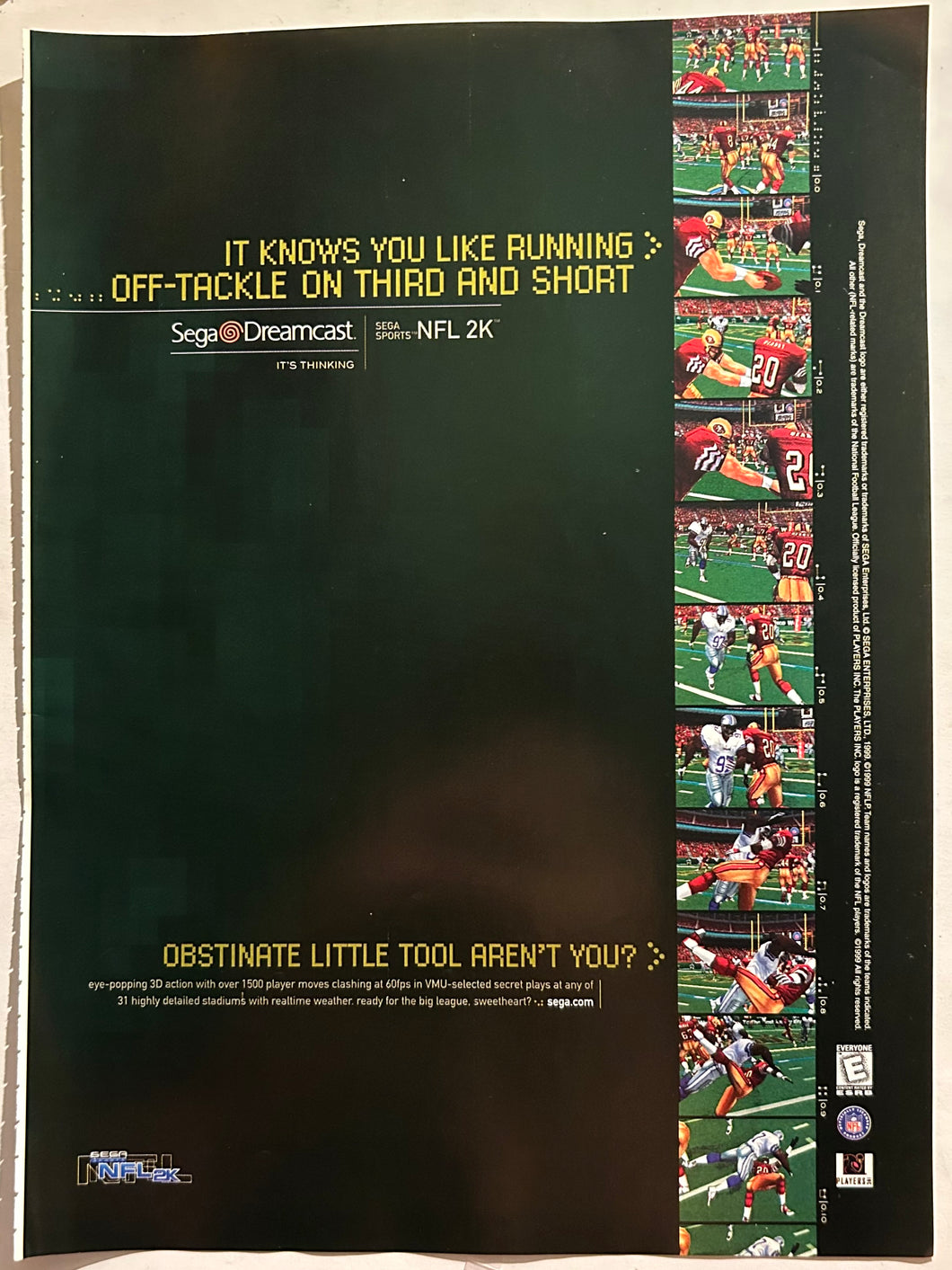 SEGA Sports NFL 2K - Dreamcast - Original Vintage Advertisement - Print Ads - Laminated A4 Poster