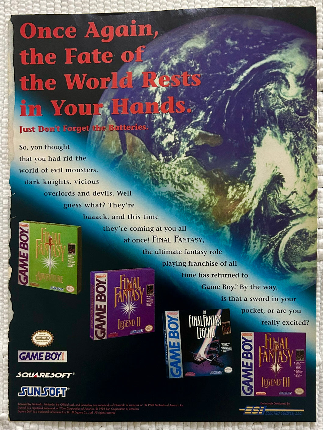 SquareSoft / SunSoft Games - GBC - Original Vintage Advertisement - Print Ads - Laminated A4 Poster