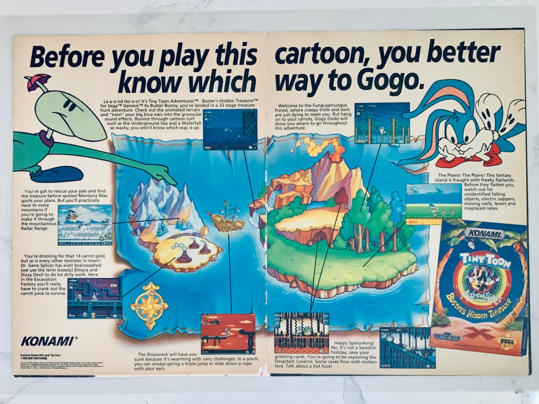 Tiny Toon Adventures: Buster’s Hidden Treasure - Genesis - Original Vintage Advertisement - Print Ads - Laminated A3 Poster