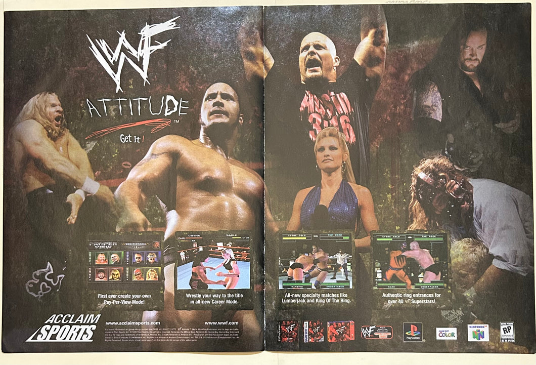 WWF Attitude - PlayStation M64 GBC - Original Vintage Advertisement - Print Ads - Laminated A3 Poster